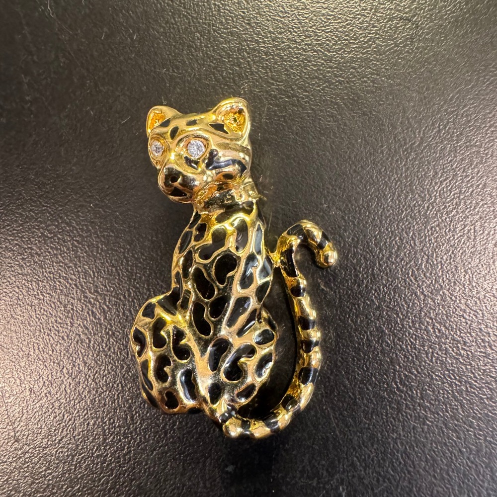 Leopard Brooch Women Small Gold Black Enamel Crystal Eye Animal Pin
